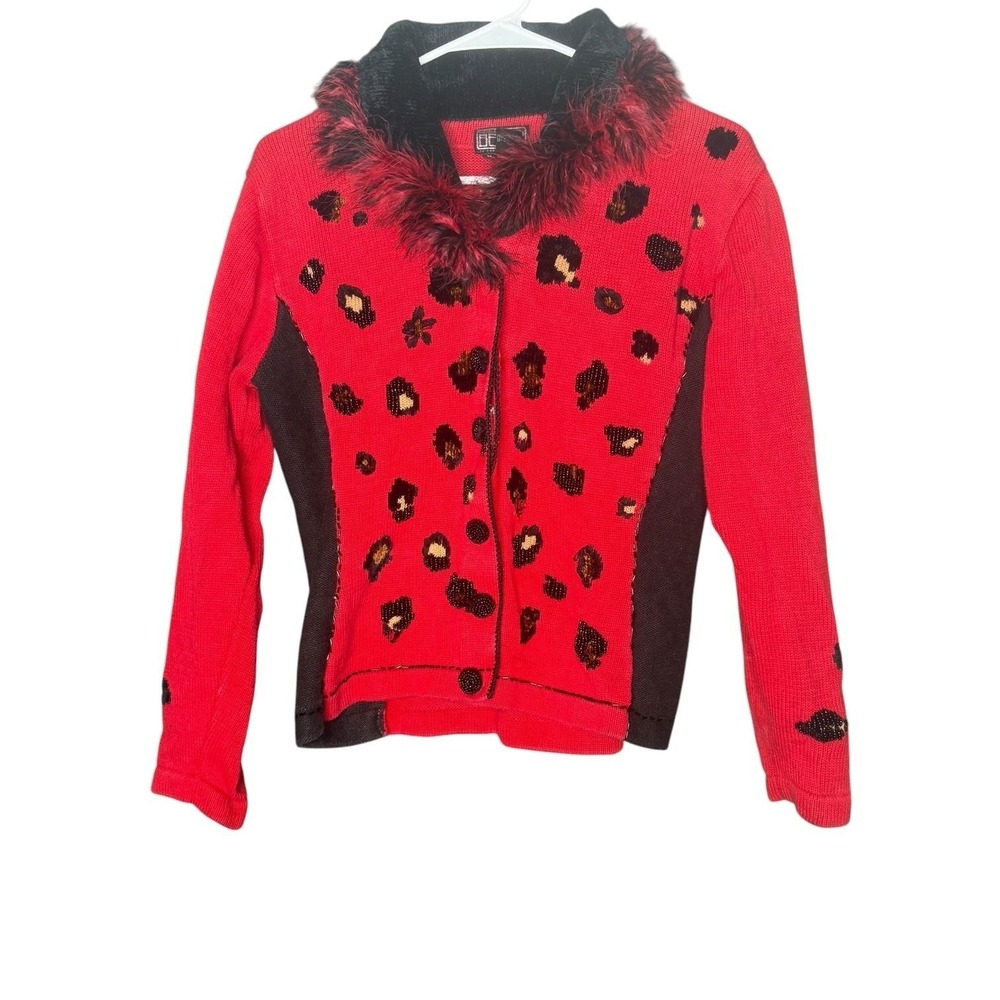 Berek Sweater Cardigan Womens Medium Red Leopard Faux Fur Beaded Button Front